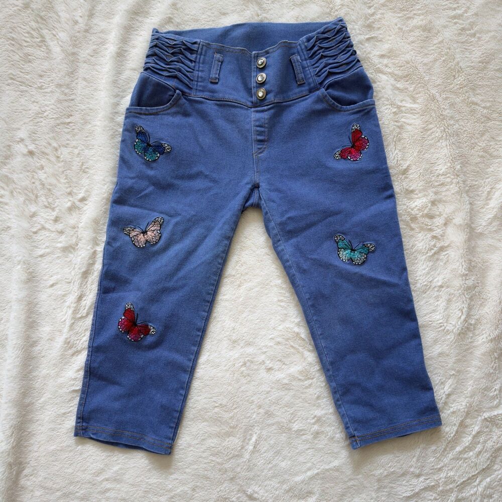 YOUTH SIZE Blue denim capri pants with colorful embroidered butterflies